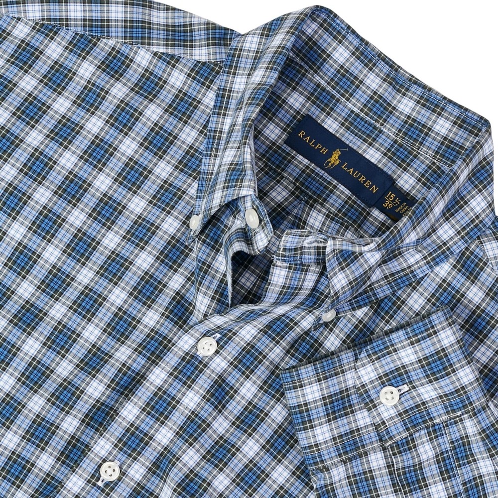 Ralph Lauren Men's Button Down Shirt 15 1/2 Blue Green Plaid‎ Long Sleeve